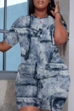 Denim Blue Faux Denim Print O Neck Short Sleeve Oversize T Shirt And Shorts Set Casual Sportwear Plus Size Two Piece Matching Set
