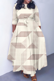 Yellow Graphics Print O Neck 3/4 Sleeve Belted Pockets Long Vacation Casual Pleated A Line Maxi Dresses