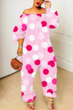 White Polka Dot Print Off Shoulder Long Sleeve Vacation Casual Harem Leg Jumpsuits