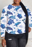 White Purple Cartoon Print Round Neck Long Sleeve Casual Sweatshirts Tops