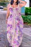 Apricot Floral Print Sleeveless Backless Floor Length Casual Outing Straight Loose Maxi Slip Dress