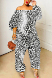 White Graphics Print Off Shoulder Long Sleeve Vacation Casual Harem Leg Jumpsuits