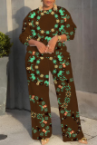 Lake Green Graphcis Print O Neck Long Sleeve Oversize Tops And Wide Leg Pants Sportwear Casual Plus Size Two Pieces Sweatpant Sets