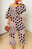 White Polka Dot Print Off Shoulder Long Sleeve Vacation Casual Harem Leg Jumpsuits
