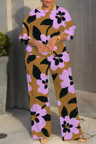 Light Blue Graphcis Print O Neck Long Sleeve Oversize Tops And Wide Leg Pants Sportwear Casual Plus Size Two Pieces Sweatpant Sets