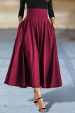 Claret High Waist Belted Casual Formal Office Lady Type A Pleated Maxi Skirt