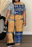 Blue Khaki Faux Denim Print O Neck Short Sleeve Oversize T-shirt And Wide Leg Pants Casual Two Pieces Trouser Sets