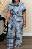 Blue Khaki Faux Denim Print O Neck Short Sleeve Oversize T-shirt And Wide Leg Pants Casual Two Pieces Trouser Sets