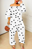 White Polka Dot Print Off Shoulder Long Sleeve Vacation Casual Harem Leg Jumpsuits