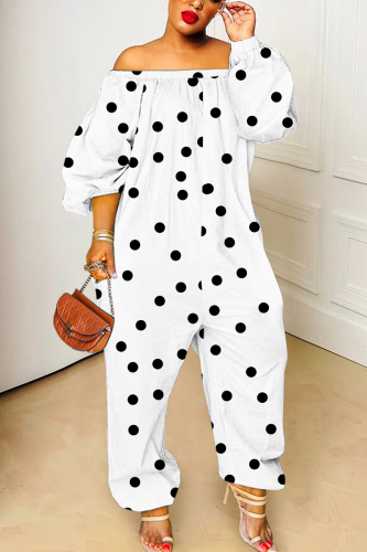 White Polka Dot Print Off Shoulder Long Sleeve Vacation Casual Harem Leg Jumpsuits