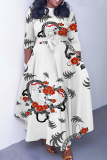 Dark Pink Graphics Print O Neck 3/4 Sleeve Belted Pockets Long Vacation Casual Pleated A Line Maxi Dresses