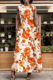 Orange Graphcis Print Backless Sleeveless O Neck Pocket Floor Length Vacation Baggy Sundress Maxi Tank Dress