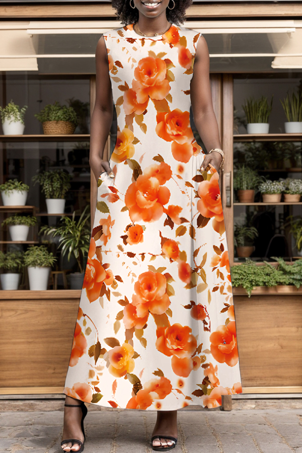 Orange Graphcis Print Backless Sleeveless O Neck Pocket Floor Length Vacation Baggy Sundress Maxi Tank Dress
