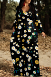 Blue Casual Flowers Colorblock Print Pocket V Neck Long Sleeve Floor Length Maxi Dresses