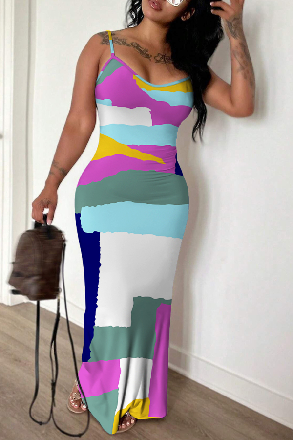 Purple Graphics Print Backless Sleeveless Spaghetti Strap Floor Length Long Baggy Vacation Maxi Slip Dresses