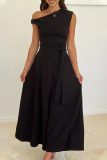 Red Sleeveless Oblique Collar Lace Up Formal Evening Party Prom Maxi Dresses