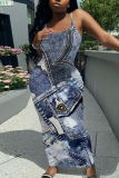 Blue Khaki Faux Denim Print Backless Spaghetti Strap Bodycorn Vacation Long Maxi Slip Dresses