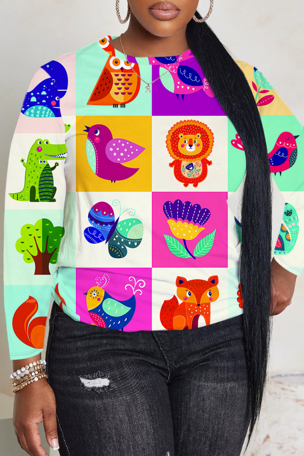 Multicolor Cartoon Print Round Neck Long Sleeve Casual Plus Size Sweatshirts Tops
