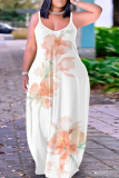 Apricot Floral Print Sleeveless Backless Floor Length Casual Outing Straight Loose Maxi Slip Dress