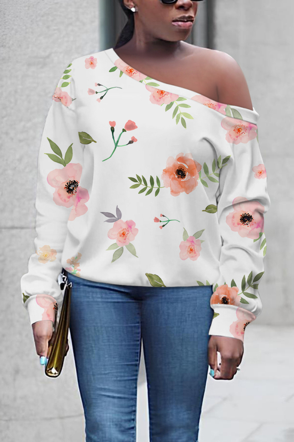 Purple Blue Floral Print Oblique Collar Long Sleeve Casual Plus Size Sweatshirt Tops