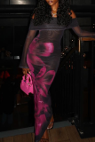 Black Floral Print Off Shoulder Long Sleeve Formal Evening Party Prom Bodycon Maxi Dresses