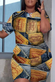Denim Blue Faux Denim Print O Neck Short Sleeve Oversize T Shirt And Shorts Set Casual Sportwear Plus Size Two Piece Matching Set