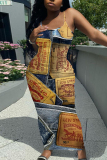 Blue Khaki Faux Denim Print Backless Spaghetti Strap Bodycorn Vacation Long Maxi Slip Dresses