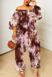 White Graphics Print Off Shoulder Long Sleeve Vacation Casual Harem Leg Jumpsuits