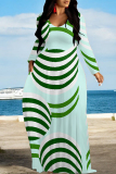 Orange Casual Geometric Print Pocket V Neck Long Sleeve Floor Length Maxi Dresses