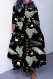 Blue Red Graphics Print O Neck 3/4 Sleeve Belted Pockets Long Vacation Casual Pleated A Line Maxi Dresses