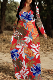 White National Totem Print Pocket V Neck Long Sleeve Floor Length Casual Maxi Dresses