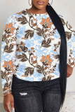 Light Blue Floral Print Round Neck Long Sleeve Casual Plus Size Sweatshirts Tops