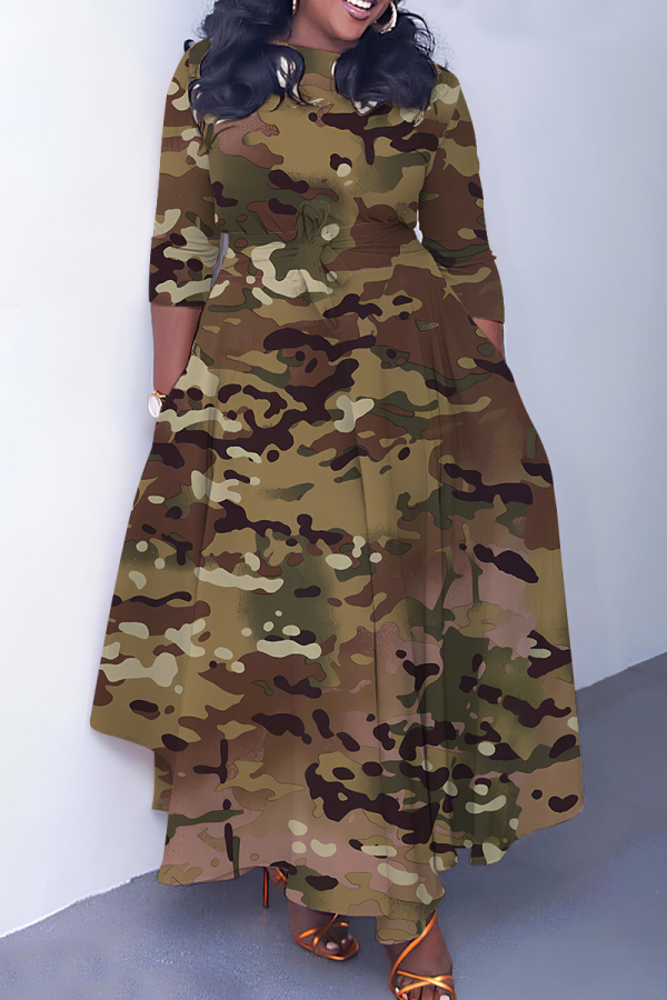 Brown Graphics Print O Neck 3/4 Sleeve Belted Pockets Long Vacation Casual Pleated A Line Maxi Dresses