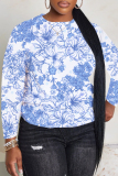 Light Blue Floral Print Round Neck Long Sleeve Casual Plus Size Sweatshirts Tops