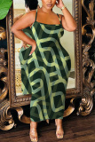 Green Graphics Print Sleeveless Backless Spaghetti Strap Bodycorn Vacation Long Maxi Slip Dresses