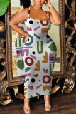 Green Graphics Print Sleeveless Backless Spaghetti Strap Bodycorn Vacation Long Maxi Slip Dresses