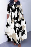 Brown Graphics Print O Neck 3/4 Sleeve Belted Pockets Long Vacation Casual Pleated A Line Maxi Dresses