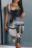 Blue Khaki Faux Denim Print Basic U Neck Sleeveless Vest Casual Bodycon Midi Tank Dresses