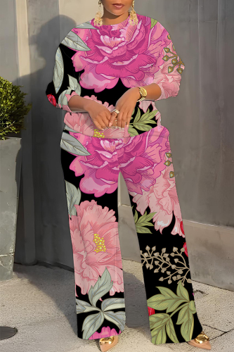 Rose Red Graphcis Print O Neck Long Sleeve Oversize Tops And Wide Leg Pants Sportwear Casual Plus Size Two Pieces Sweatpant Sets