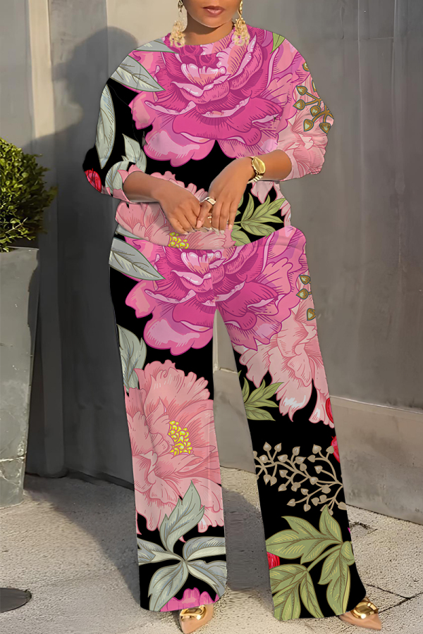 Rose Red Graphcis Print O Neck Long Sleeve Oversize Tops And Wide Leg Pants Sportwear Casual Plus Size Two Pieces Sweatpant Sets