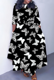 Dark Pink Graphics Print O Neck 3/4 Sleeve Belted Pockets Long Vacation Casual Pleated A Line Maxi Dresses