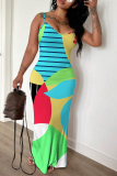 Purple Graphics Print Backless Sleeveless Spaghetti Strap Floor Length Long Baggy Vacation Maxi Slip Dresses