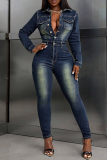 Dark Blue Turndown Collar Long Sleeve Buttons High Waist Casual Bodycon Denim Jumpsuits