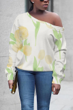 Purple Blue Floral Print Oblique Collar Long Sleeve Casual Plus Size Sweatshirt Tops