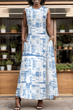 Orange Graphcis Print Backless Sleeveless O Neck Pocket Floor Length Vacation Baggy Sundress Maxi Tank Dress