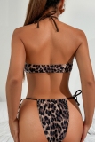 Leopard Print Backless Lace UpBelted Bikini Sets Beach Vacation Swimwears (Without Paddings)
