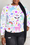 White Purple Cartoon Print Round Neck Long Sleeve Casual Sweatshirts Tops