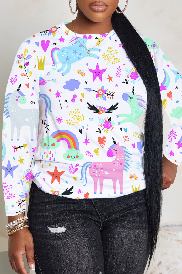 White Purple Cartoon Print Round Neck Long Sleeve Casual Sweatshirts Tops