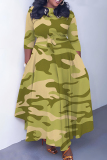 Blue Red Graphics Print O Neck 3/4 Sleeve Belted Pockets Long Vacation Casual Pleated A Line Maxi Dresses