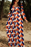 Orange Casual Geometric Print Pocket V Neck Long Sleeve Floor Length Maxi Dresses